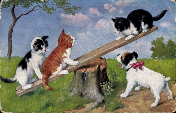 Artist Postcard Three young cats on a seesaw, dog