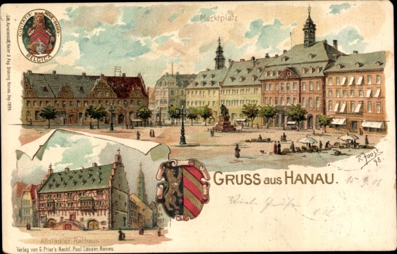 Embossed Coat of Arms Artist Chromo-Litho Joost, R., Hanau Main Kinzig District, Town Hall, Market Square