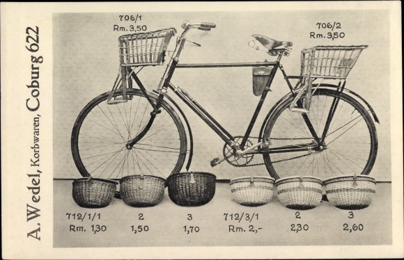 Postcard Coburg in Upper Franconia, A. Wedel wicker, bicycle with child seat