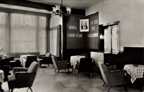 Postcard Finsterbergen Friedrichroda in the Thuringian Forest, restaurant, chairs, tables, walls with writing,