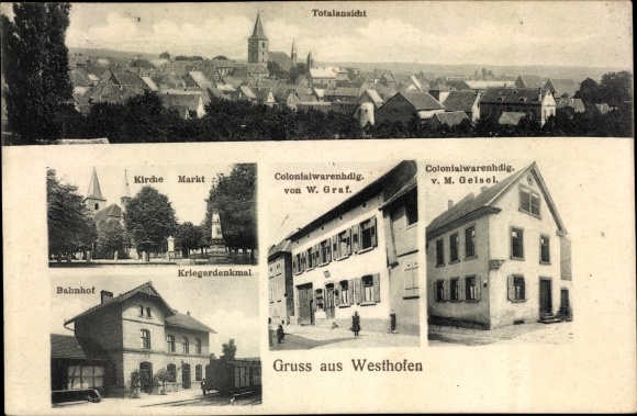Postcard Westhofen in Rhineland-Palatinate, groceries, train station, war memorial, church, market