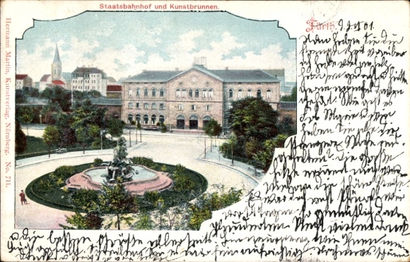Ak Fürth in Mittelfranken Bayern, Staatsbahnhof, Kunstbrunnen