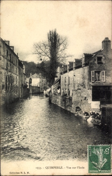Postcard Quimperlé Finistère, river landscape, buildings, calm water surface,