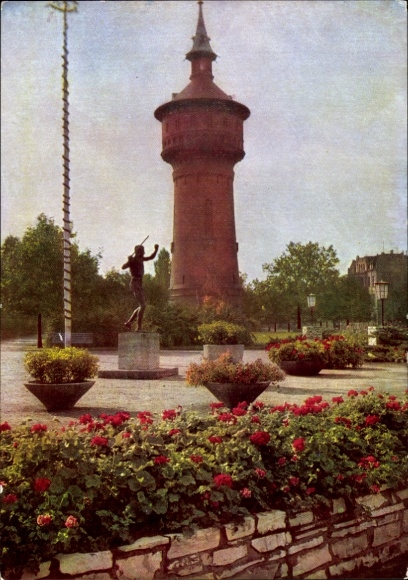 Postcard Forst in Niederlausitz, water tower, statue, park, flowers