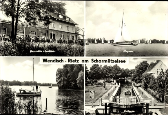 Ak Wendisch Rietz in Brandenburg, Gaststätte Seeblick, Regatta, Schleuse, Scharmützelsee