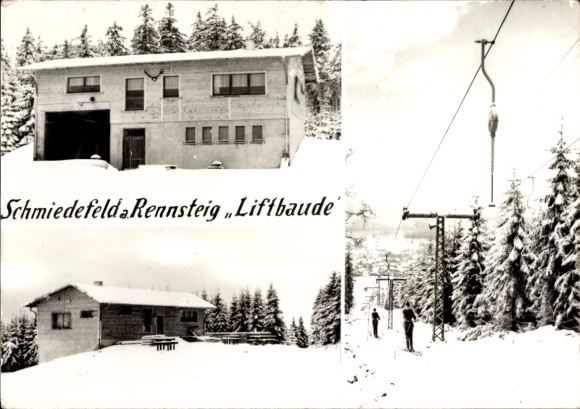 Postcard Schmiedefeld am Rennsteig Thuringia, Liftbaude, skiers on the drag lift, winter view