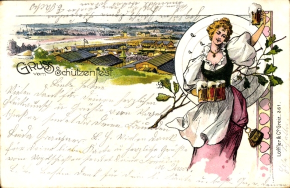 litho Mühltroff in Vogtland Saksen, groet van het schietfestival, serveerster met bierpullen
