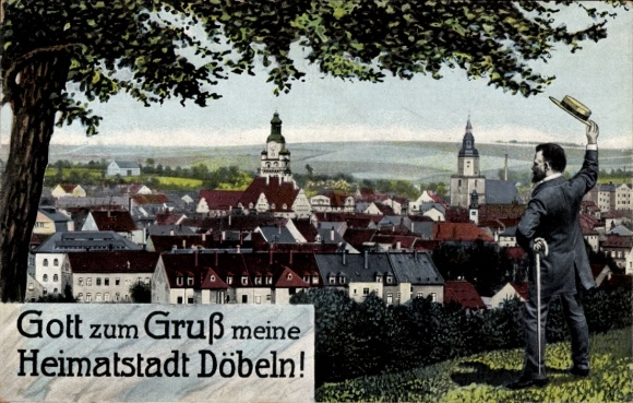Ak Döbeln in Sachsen, Stadtansicht  Person mit Hut, Text 'Gott zum Gruß'