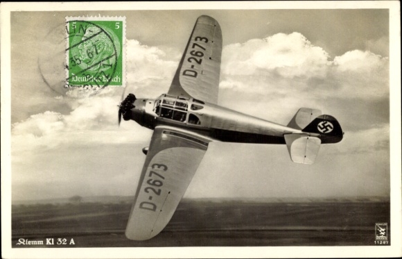 Postcard Klemm Kl 32 A, training, sports and aerobatic aircraft, D-2673, Klinke & Co. 11287
