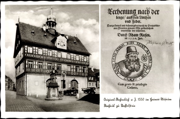 Postcard Staffelstein Upper Franconia, town hall, arithmetic book by Adam Riese