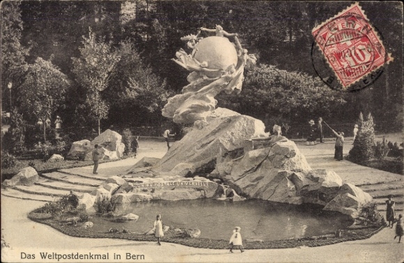 KP Bern City Kanton Berno, Góra Gurten, World Post Monument, rzeźba, staw, ludzie