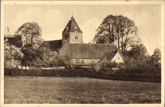 Postcard Dötlingen in Lower Saxony, view from the field to the village, church