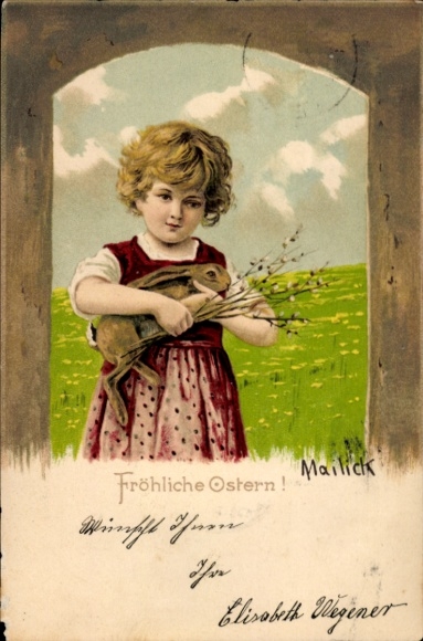 Künstler Ak Mailick, Frohe Ostern, Mädchen mit Osterhase und Weidenkätzchen