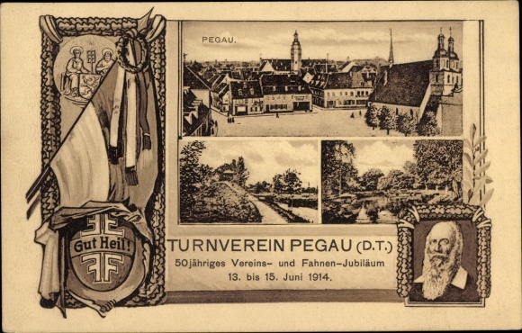 Postcard Pegau in Saxony, Pegau gymnastics club, 50th club and flag anniversary in 1914, market square