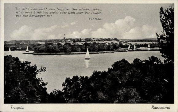 Postcard Teupitz in Brandenburg, city panorama, lakeside, boats