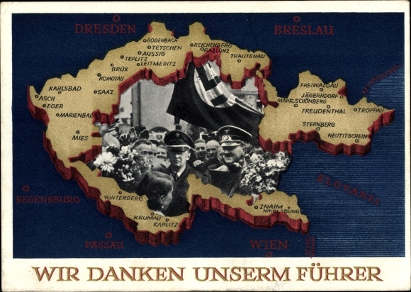 Postal stationery Postcard We thank our leader, Sudetenland, Bohemia, Moravia, Hitler