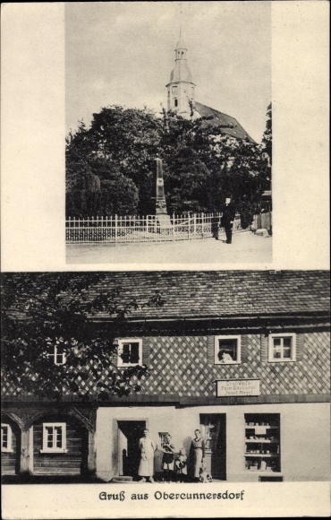Ak Obercunnersdorf Kottmar in der Oberlausitz, Kirche, Denkmal, Brot und Feinbäckerei