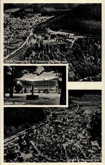 Postcard Bad Urach in the Swabian Alb Württemberg, ruins of Hohenurach, aerial photograph, guest house
