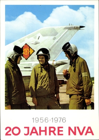 Postcard 20 years NVA 1976, GDR, fighter plane, soldiers in uniforms