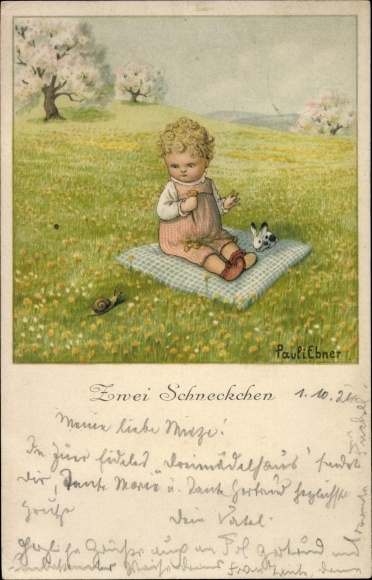 Artist PC Ebner, Pauli, two snails, child on the meadow, rabbit, snail