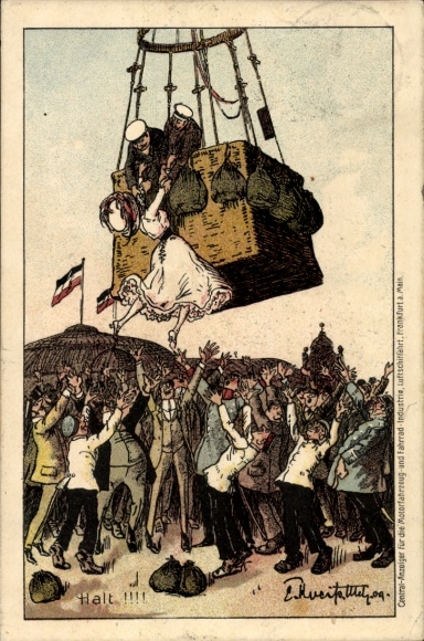 Artist Chromo-Litho Woman on a tethered balloon, men look under the skirt
