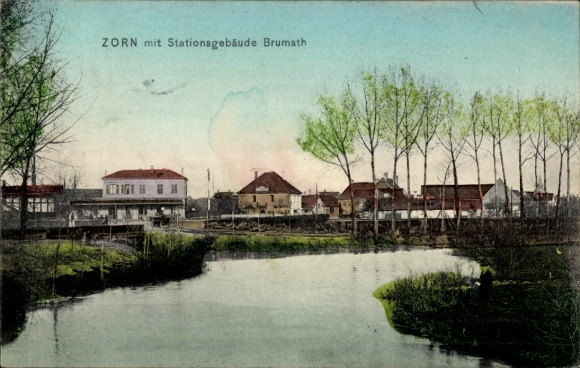 PC Brumath Alsace Bas Rhin, partial view of the Zorn, train station, station building