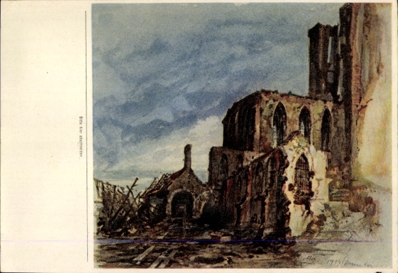 Sammelbild Aquarell von Adolf Hitler, Klosterruine in Messines 1914, I. WK, Sammelwerk 15 Bild 105
