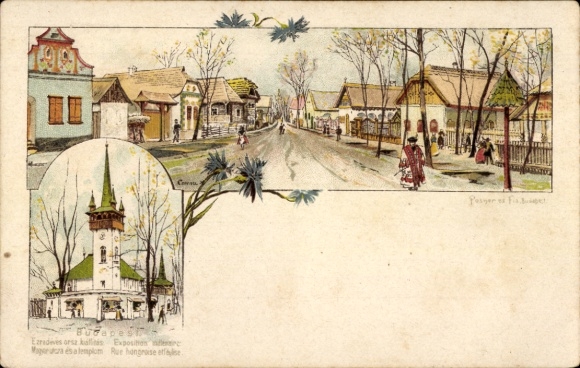 Postal stationery Chromo-Litho Budapest Hungary, Millennium Exhibition, Hungarian Street and Church