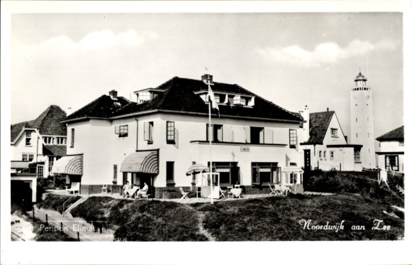 Postcard Noordwijk aan Zee South Holland, Pension Elimara, Oranjeweg 19, lighthouse