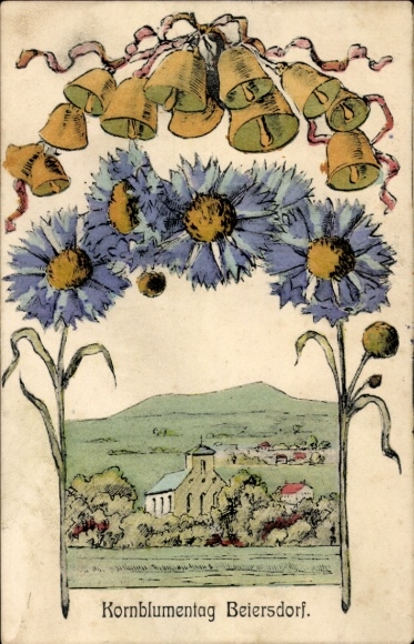 Kunstenaarsbriefkaart Beiersdorf Oberlausitz, Korenbloemdag, klokken, kerk