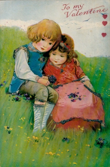 Glitter Postcard Valentine's Day, Children on a Meadow