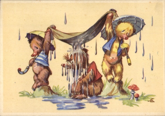 Artist Postcard Bears in the Rain, Umbrellas, Mushrooms