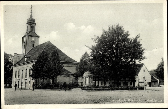 Postcard Wendisch Buchholz Märkisch Buchholz, marketplace, church, pump well