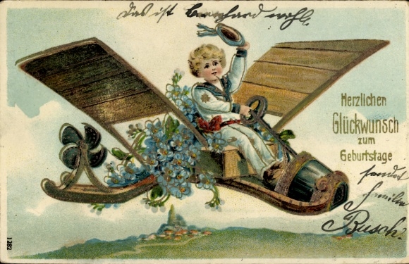 Präge Ak Glückwunsch zum Geburtstag, Kind im Matrosenanzug auf einem Flugzeug, Vergissmeinnicht
