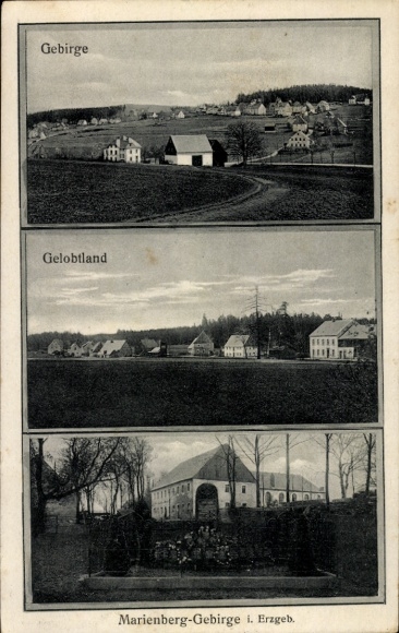 Postcard Mountains Marienberg in the Ore Mountains Saxony, Promised Land, partial views, monument
