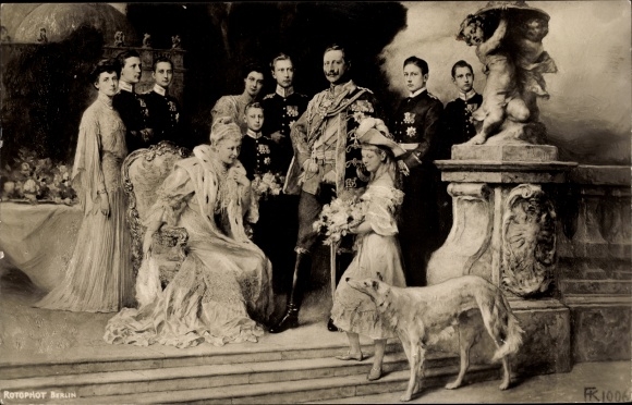 Artist PC Keller, F., Kaiser Wilhelm II of Prussia, Empress Auguste Viktoria, children, greyhound