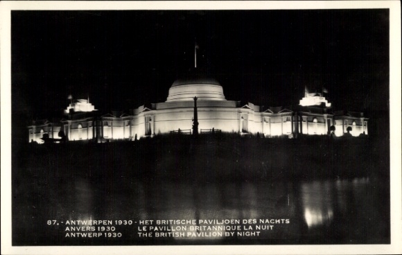 Postcard Antwerp Flanders, British Pavilion at night
