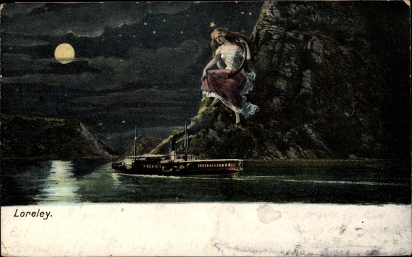 Moonlight Chromo-Litho St. Goarshausen am Rhein, Lorelei