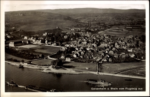 Postcard Geisenheim am Rhein Hesse, aerial view of Geisenheim am Rhein, ships on the water, wine