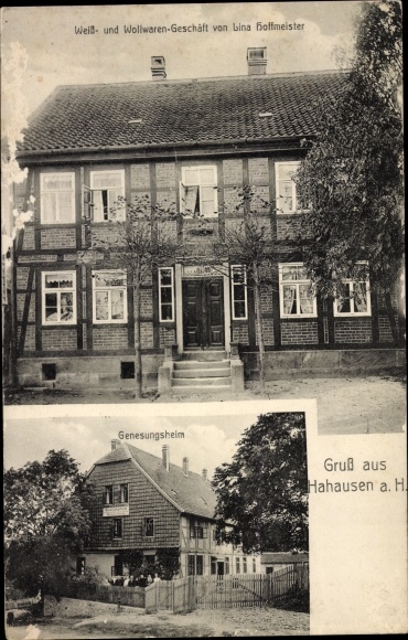 Postcard Hahausen Lower Saxony, white and woolen shop, convalescent home
