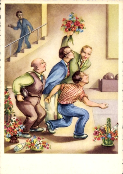 Künstler Ak Kegelbahn, Freunde beim Spielen, Blumen