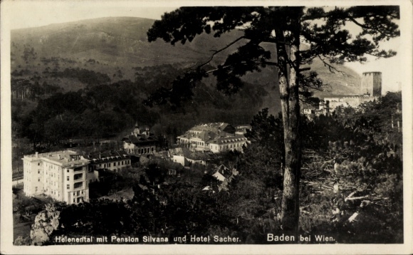 Ak Baden bei Wien in Niederösterreich, Helenental, Pension Silvana, Hotel Sacher, Landschaft, Bäu