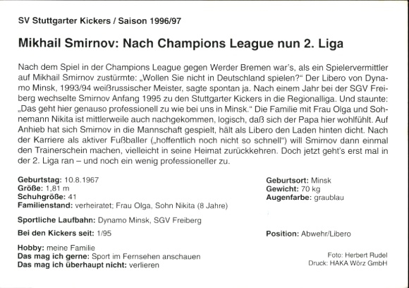 Karta autografu piłkarza Michaiła Smirnowa, SV Stuttgarter Kickers, autograf