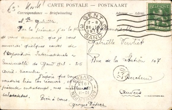 Artist Postcard Gand Gent East Flanders, World Exhibition 1913