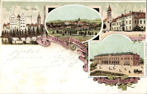 Chromo-Litho Aulendorf in Württemberg, castle, church, train station, castle square, general view