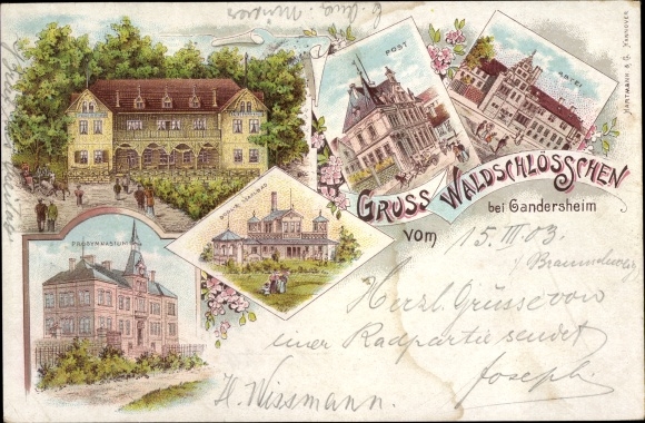 lito Bad Gandersheim, Gasthof Waldschlösschen, F. Gittermann, Progymnasium, opactwo, łaźnia stalowa, poczta