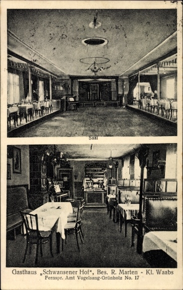 Ak Klein Waabs in Schleswig Holstein, Gasthaus Schwansener Hof, Bes. R. Marten, Saal, Piano
