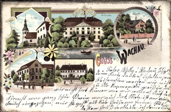 Chromo-Litho Wachau in Saxony, castle, forester&#39;s lodge, school, church