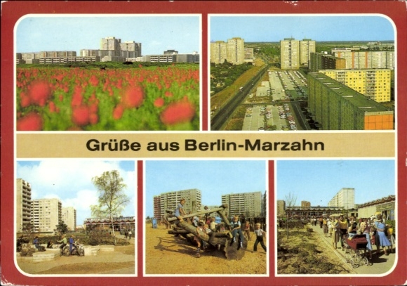 Ak Berlin Marzahn, speeltuin, appartementencomplexen, parkeerplaats, voorbijgangers