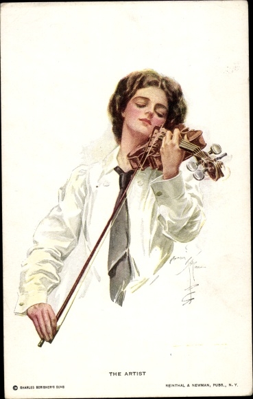 Artist Postcard Fisher, Harrison, woman with violin, violin, The Artist